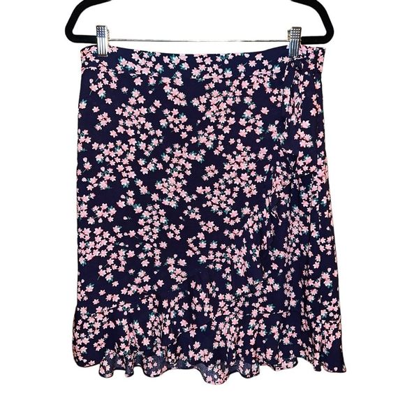 Draper‎ James RSVP Midi Wrap Skirt Size M/L Navy Pink Floral Ruffle - Picture 1 of 10
